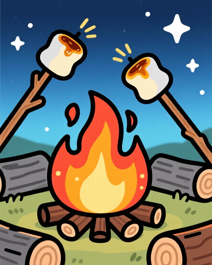 A campfire with marshmallows toasting on wooden sticks.