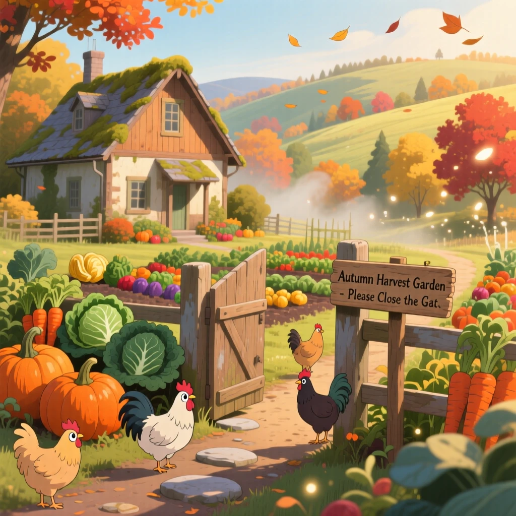 A farmhouse surrounded by neatly kept vegetable gardens, with chickens wandering freely near a garden gate, on a crisp autumn morning.