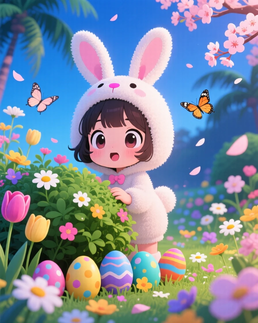 In a blooming spring garden, a young girl in a bunny costume is hiding painted eggs behind a bush on a warm tropical afternoon, bathed in cool blue twilight glow, expression full of gentle surprise. Shot as a medium shot.