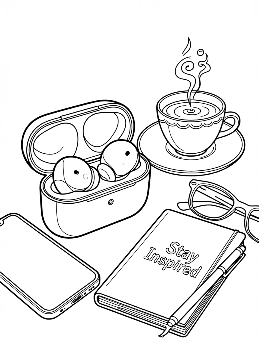 A set of wireless earbuds resting in an open case, with a cup of coffee steaming nearby.