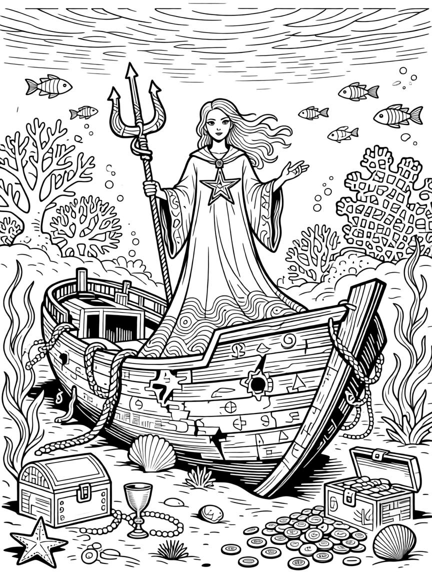 A sea witch's shipwreck lair decorated with barnacles and treasure.