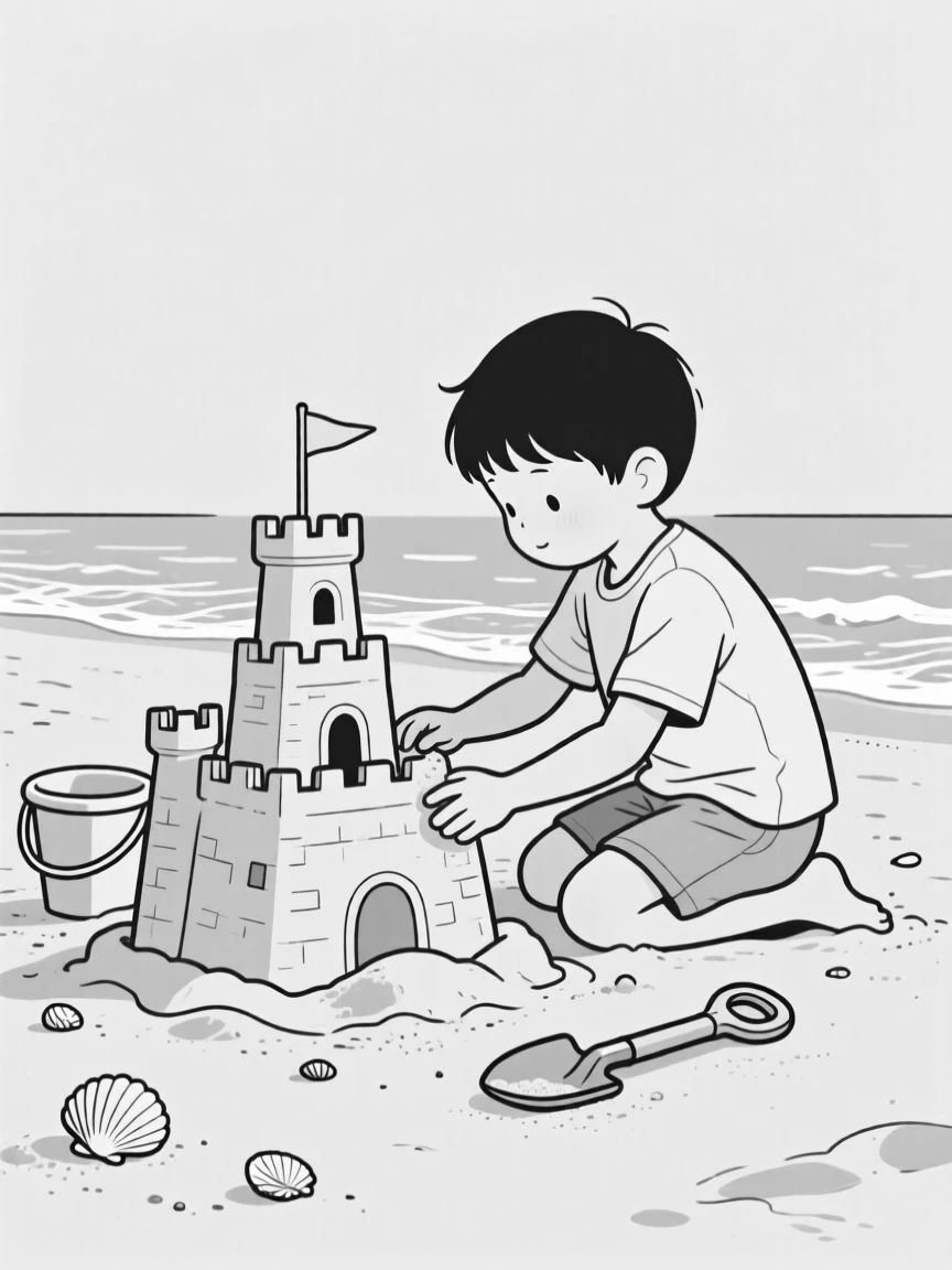 A child building a sandcastle on the beach