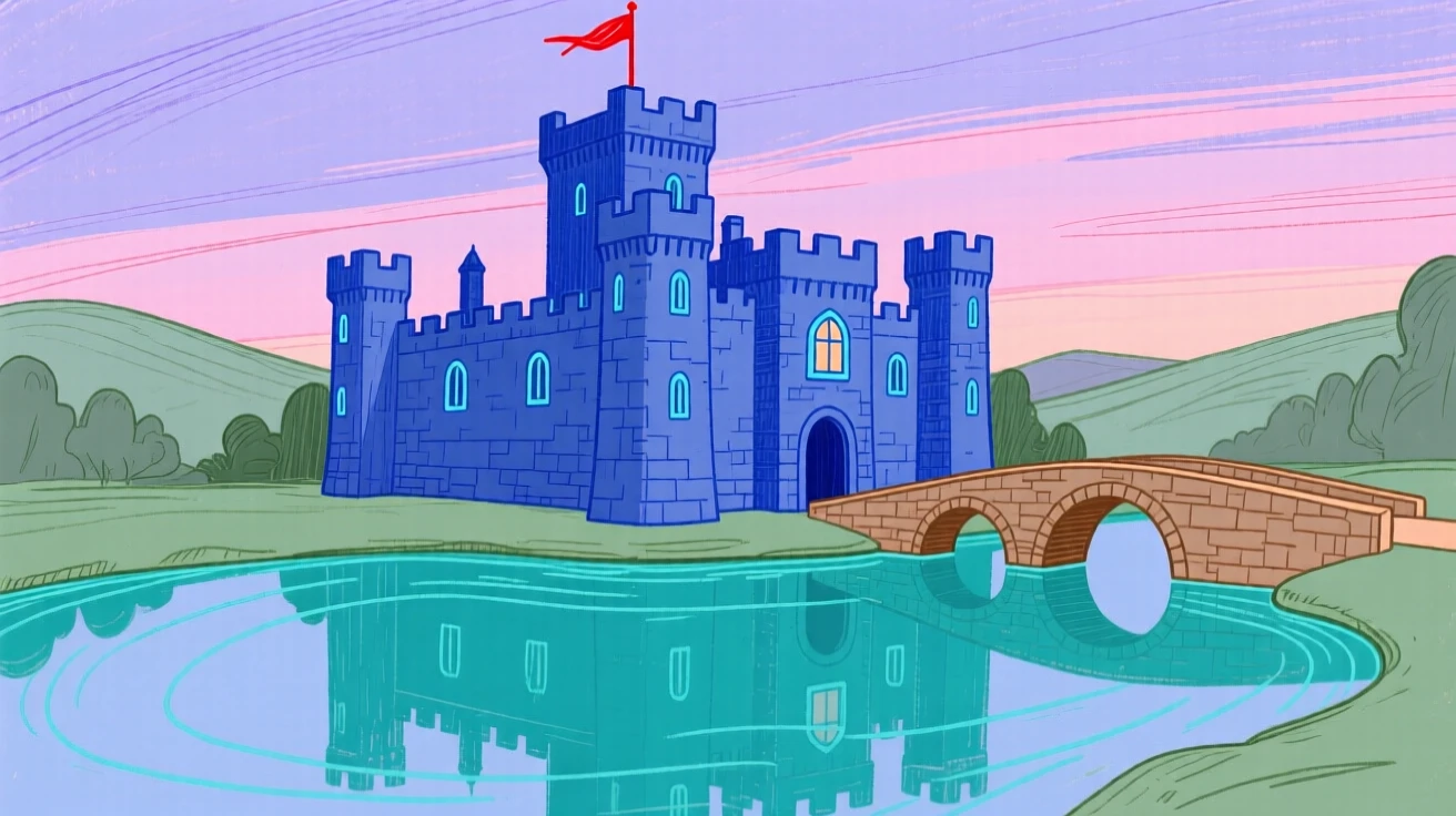 A knight's castle reflected in a still moat at twilight.