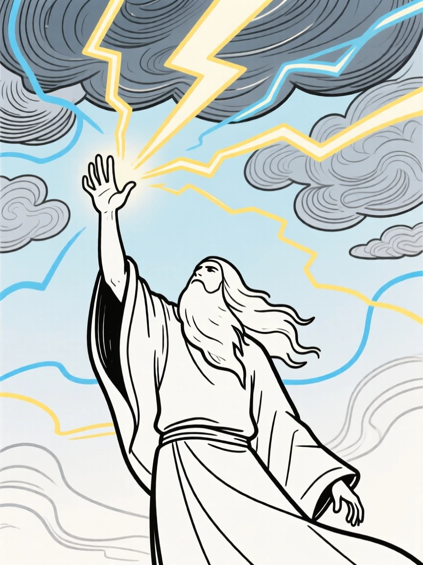 A powerful sorcerer summoning lightning from a stormy sky.