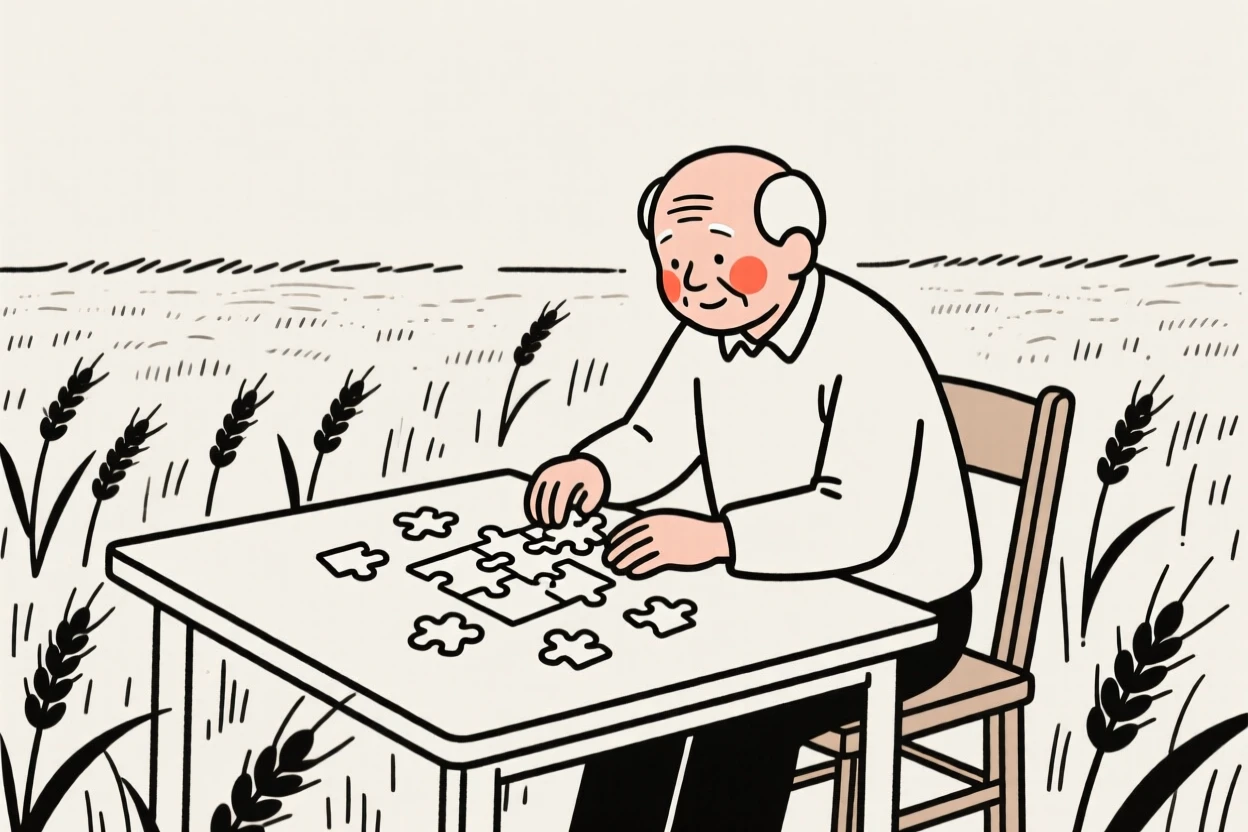 A grandfather assembling a jigsaw puzzle at the table, in a wheat field at harvest.