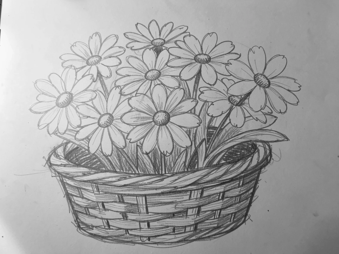 A cluster of daisies in a woven wicker basket, glowing softly in the late afternoon light.