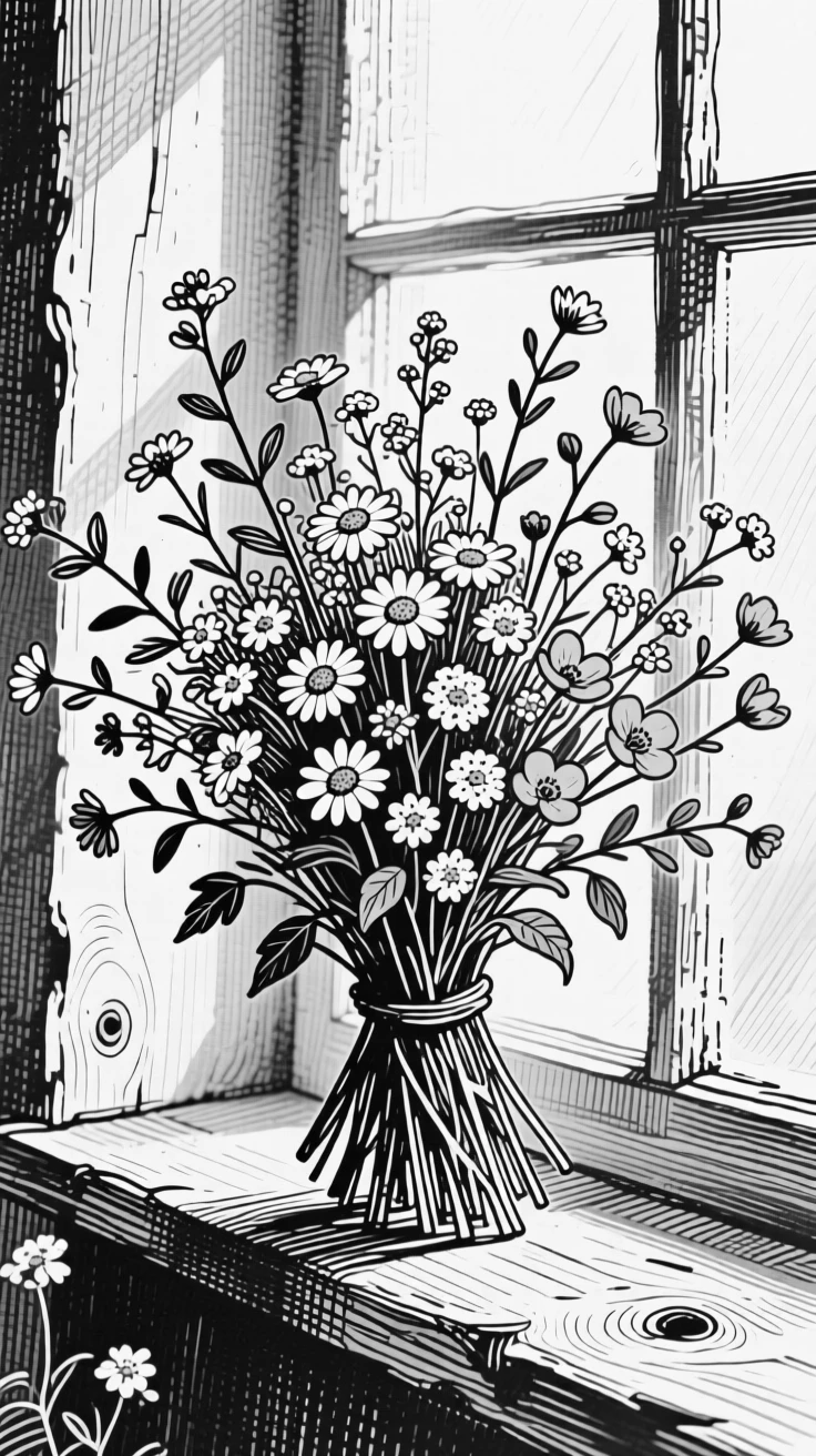 A bouquet of tiny wildflowers arranged on a windowsill in soft light, with the texture of each petal richly defined, composed in a delicate and romantic still-life arrangement.