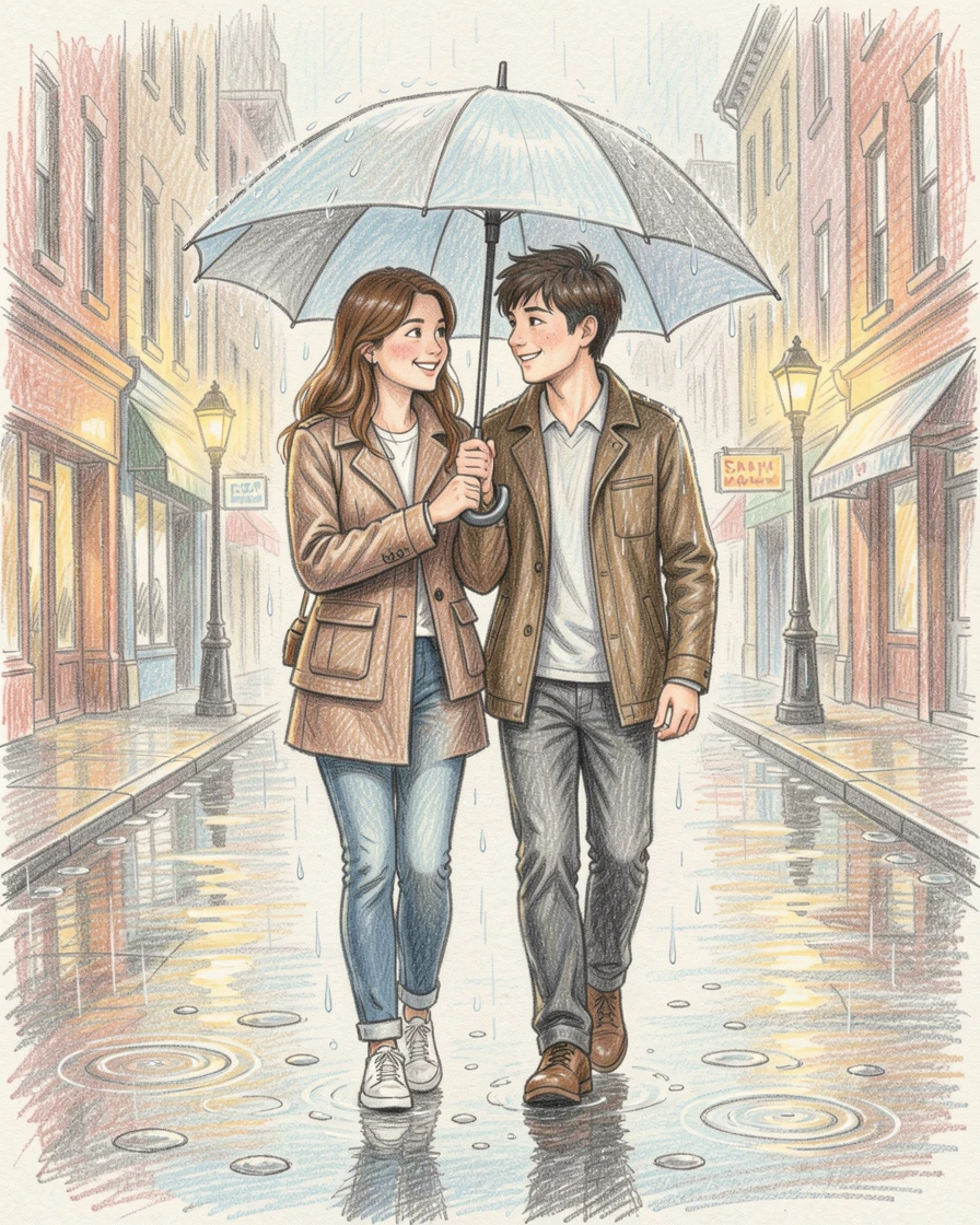 A young couple sharing an umbrella while walking through rain-soaked streets, captured in a candid, unposed moment full of life, celebrating everyday beauty and genuine emotion.
