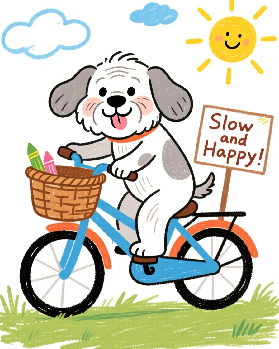 A gentle old dog riding along in a bicycle basket.
