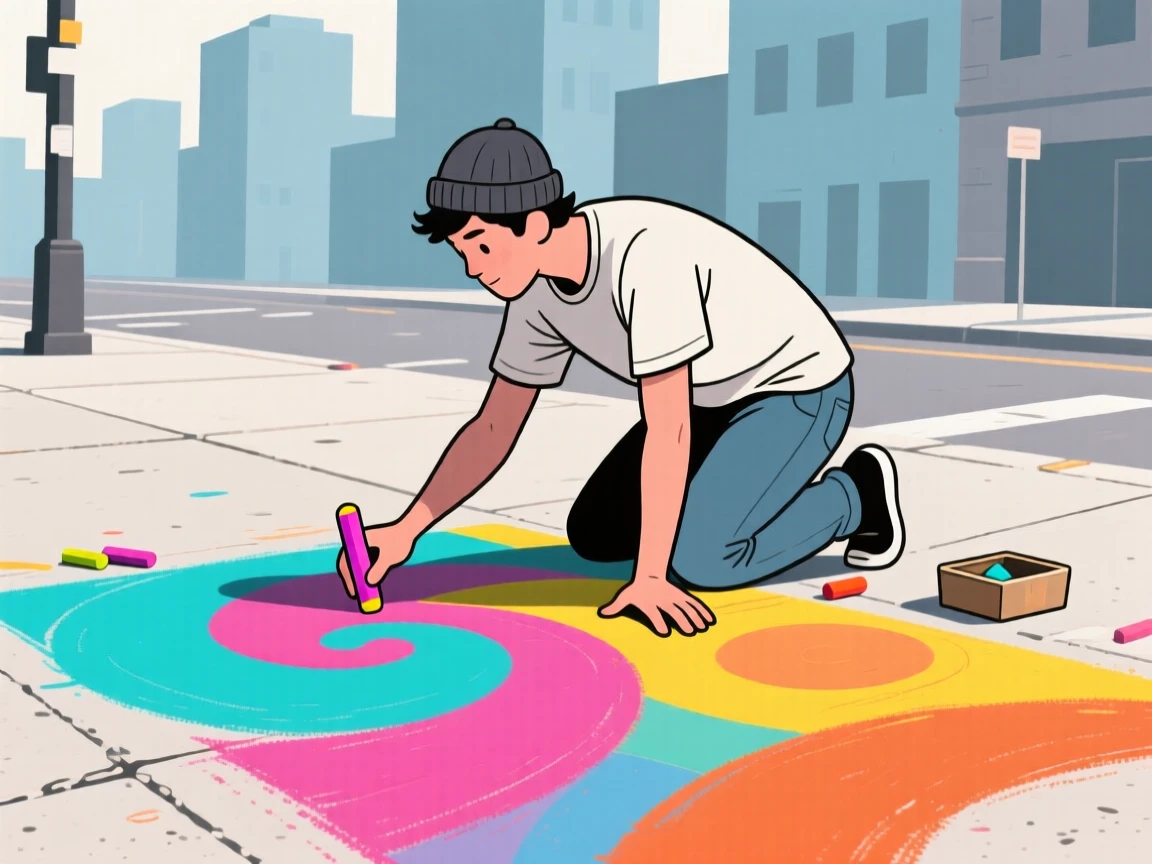 A street artist creating a colorful chalk mural on a city sidewalk.