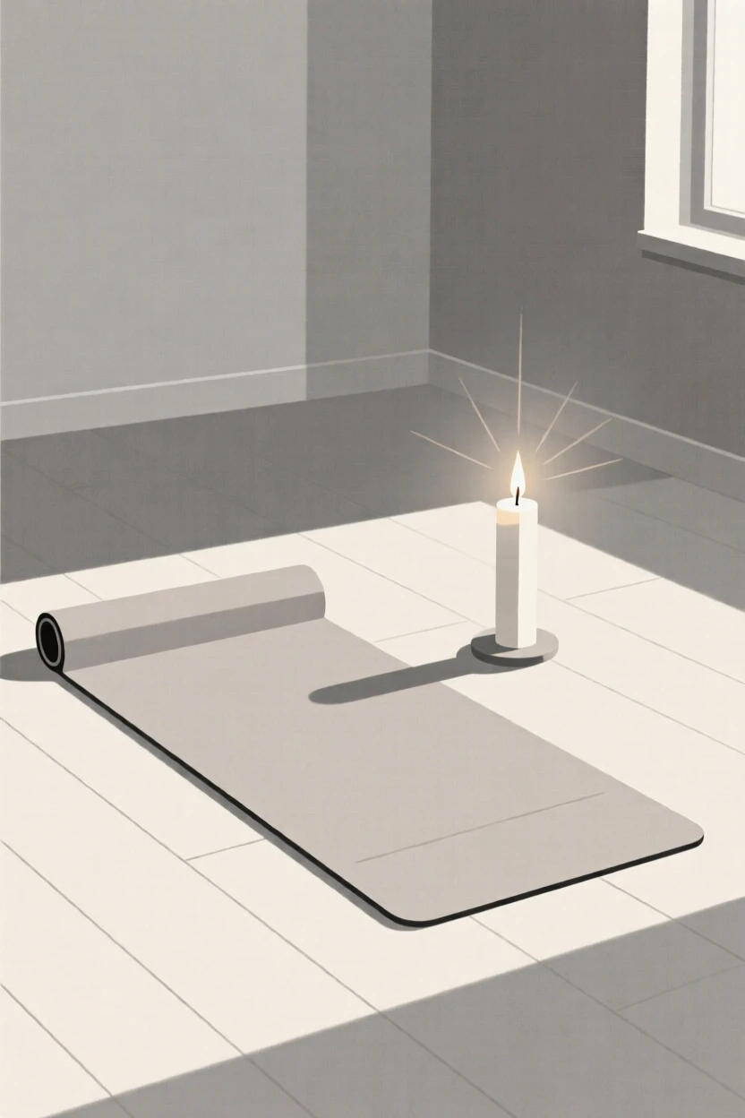 A morning scene of yoga mat on the floor resting in a modern townhouse beside a lit candle, radiating mindful presence.