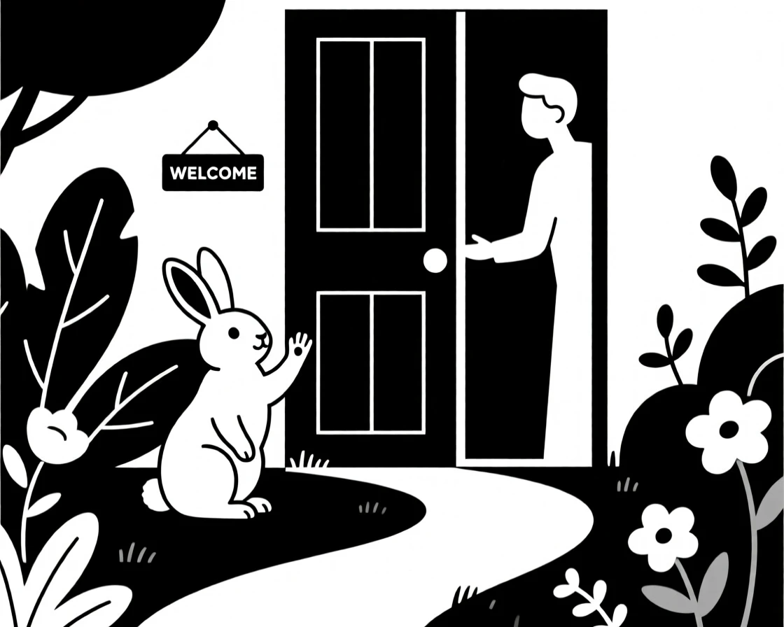 A rabbit in a garden greeting its owner at the front door.
