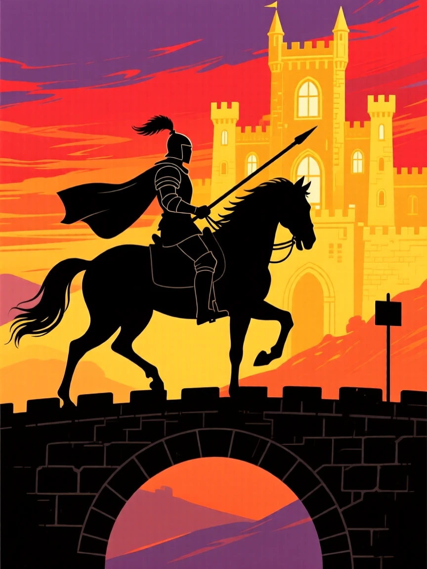 A knight riding a horse across a bridge toward a distant glowing castle.