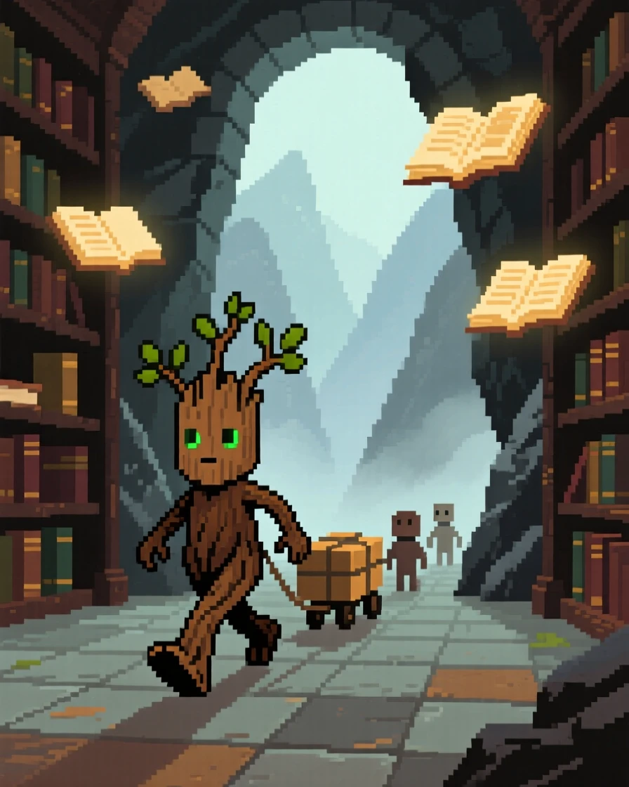 A treant sapling taking its first steps leading a caravan through a misty pass, in a library filled with floating books.