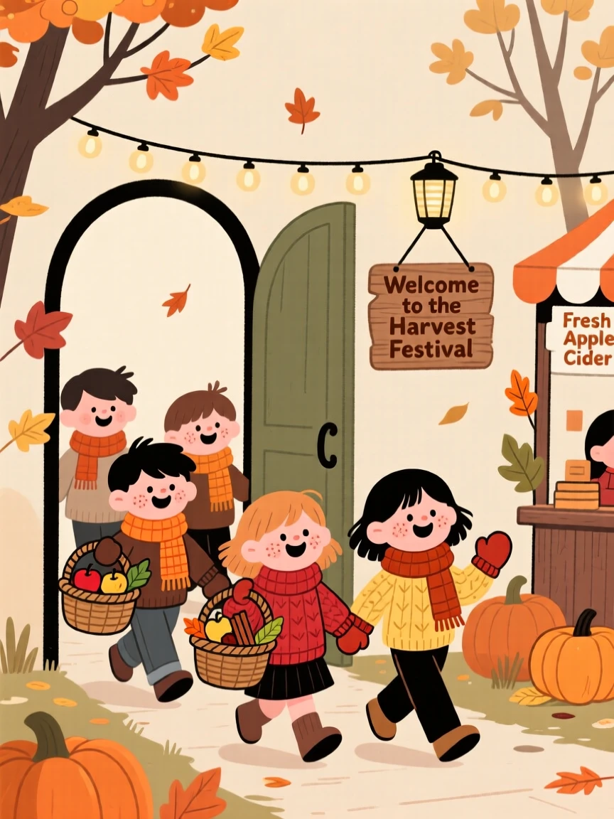 Children in knitted scarves and mittens carry baskets of treats through a autumn fairground decorated for a harvest festival, giggling at every doorway.