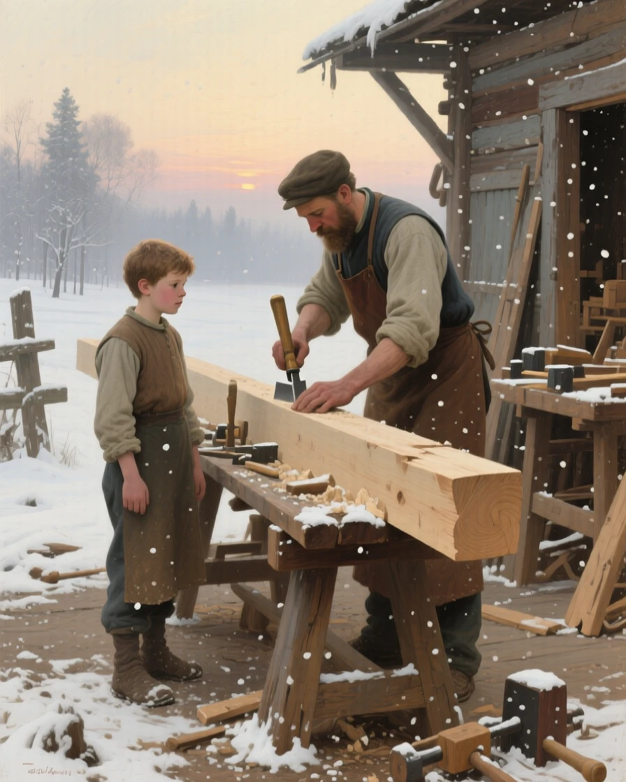 A well-framed scene of a young apprentice watching a master carpenter shape a wooden beam, in gentle falling snow, at dawn.