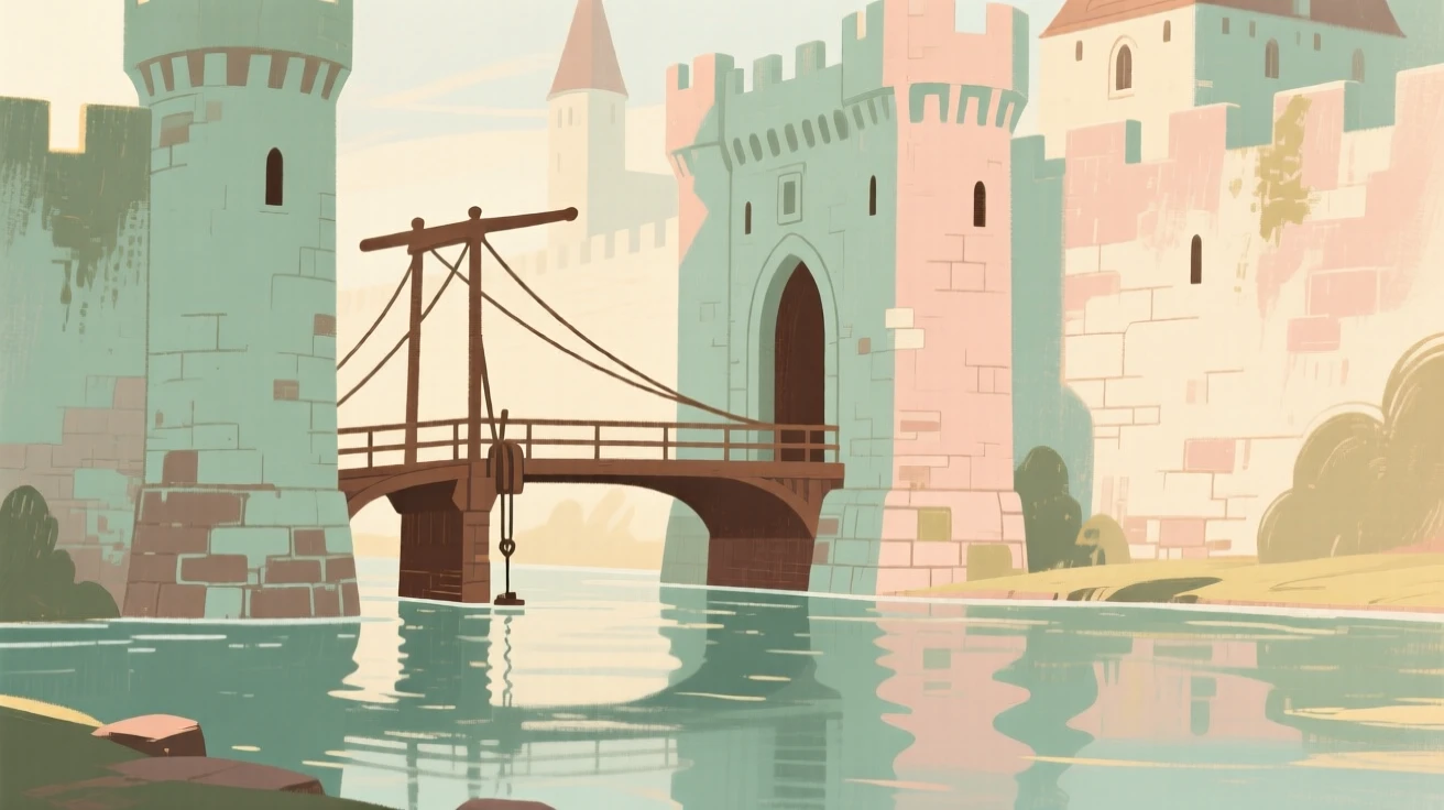 A medieval drawbridge lowered across a castle moat