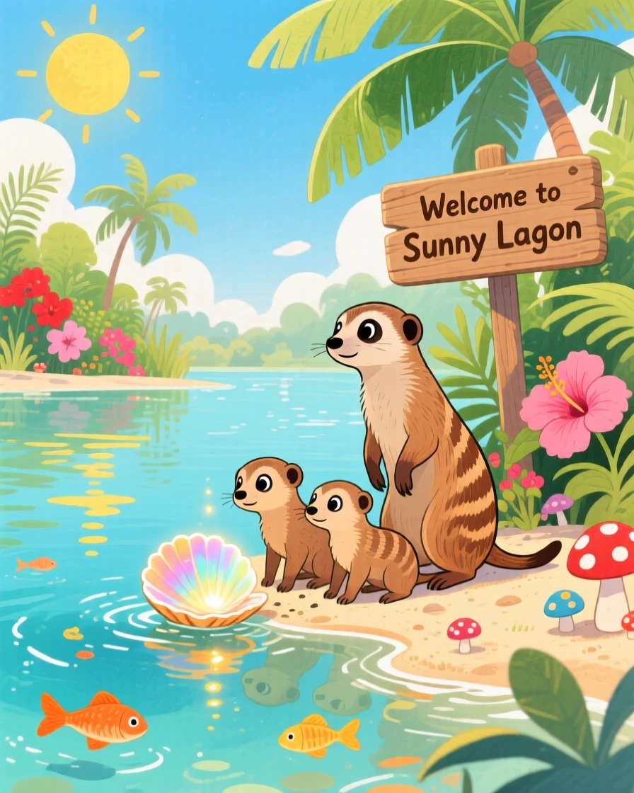 A family of meerkats discovering something new in a tropical lagoon on a warm summer day.