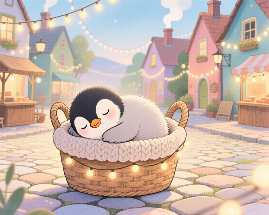 A baby penguin curling up inside a knitted basket, set in a village square decorated with fairy lights, evoking warmth and gentle affection.