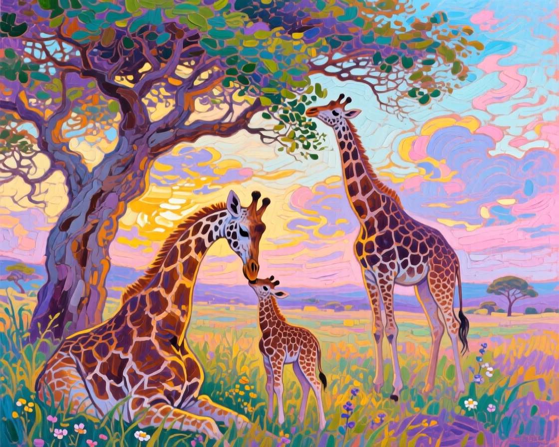 a giraffe family beneath acacia trees, at dawn, with layered visual detail from foreground to horizon.