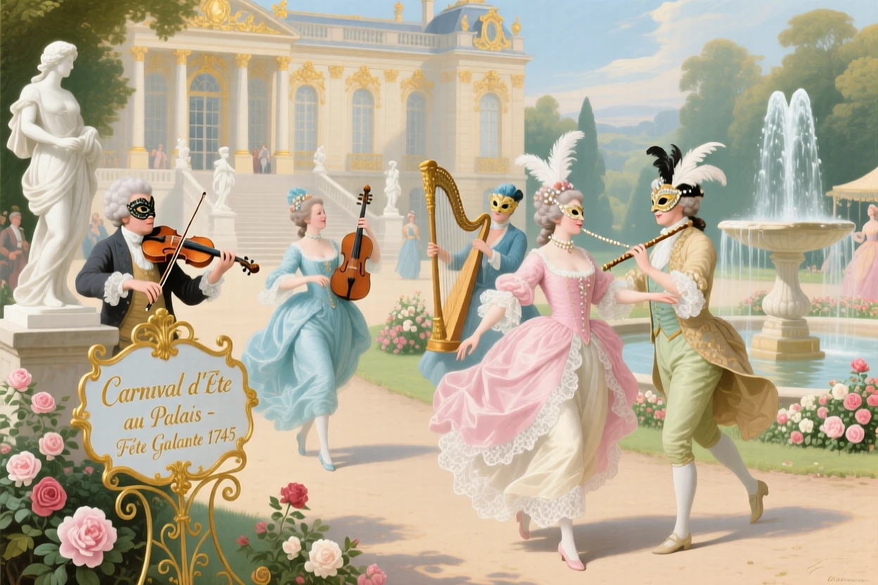 A summer carnival on palace grounds with dancers, musicians, and masked guests  