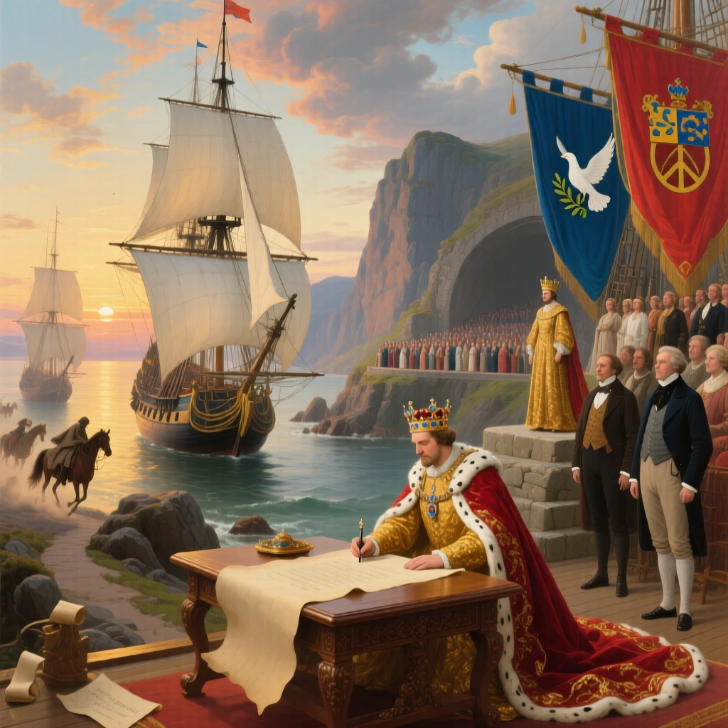 A fleet of ships signs a treaty following a grand coronation ceremony as messengers race to spread the news.