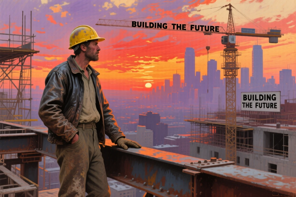 A construction worker pausing to watch a brilliant sunset over the city skyline, with genuine, unguarded emotion visible in the eyes, capturing a universal, deeply human moment of emotion
