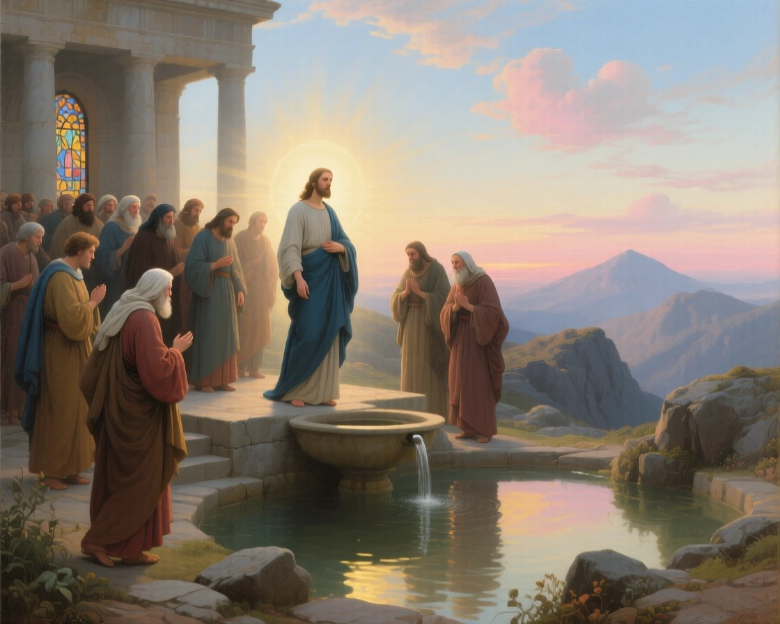 A group of pilgrims arriving at a mountaintop sanctuary at dawn as light seems to answer a silent prayer, set beside a sacred spring reflecting the morning sky, with soft, radiant light breaking gently through clouds or stained glass; the composition places the central figure within a halo of natural light, radiating compassion, faith, and gentle hope.
