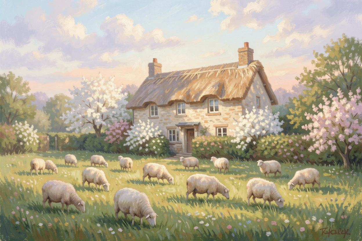 An English countryside meadow with grazing sheep, a stone cottage with a thatched roof, and hedgerows in bloom.
