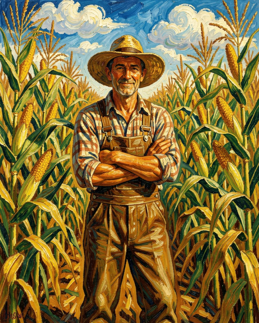 A proud farmer standing amid rows of ripe corn, arms crossed, surveying a bountiful harvest.