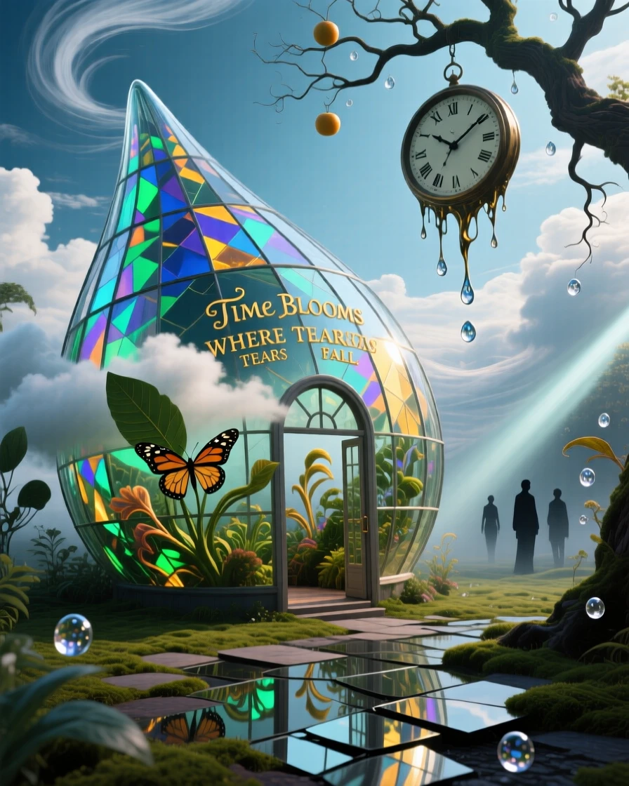A greenhouse shaped like a giant glass teardrop leans impossibly against the wind, as clouds pass slowly through its open doorways.
