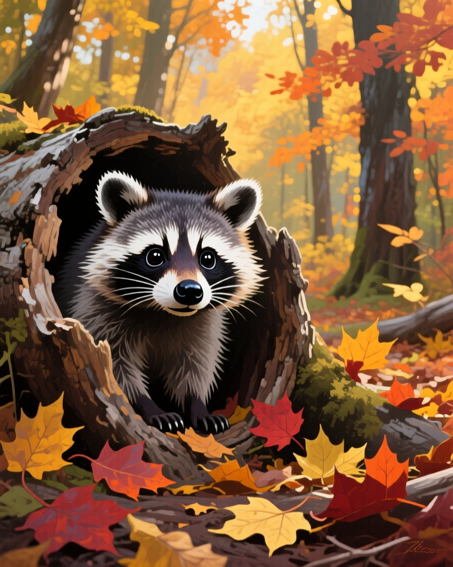 A cheeky raccoon peers curiously from a hollow log in an autumn forest, fallen leaves scattered around its perch in warm golden light, the scene suggesting a fleeting, candid moment rather than a posed encounter.