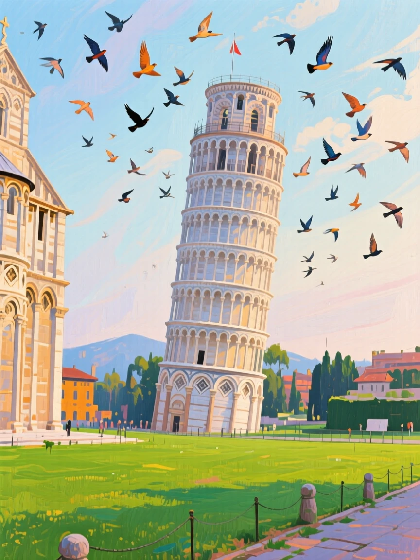 The Leaning Tower of Pisa beside a quiet green lawn, beneath a sky full of migrating birds, a soft haze giving the scene a dreamlike quality