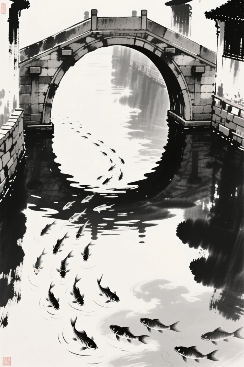 A group of fish glides beneath a stone bridge over a canal, with the reflection of clouds shimmering on the surface.