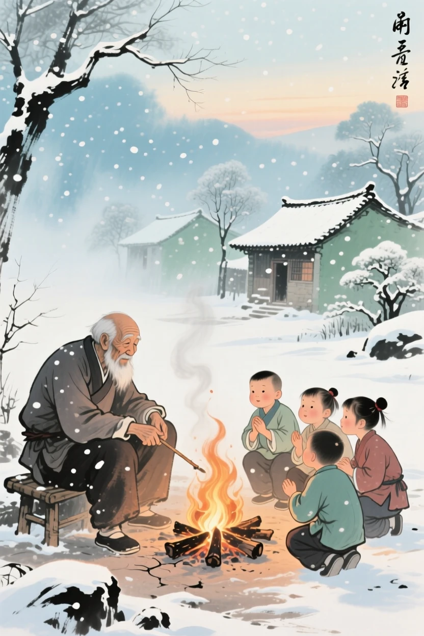 A village elder recounting old legends to children gathered by a fire, full of quiet reverence, beneath softly falling snow, at dawn.