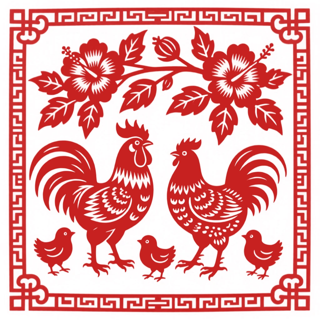 A rooster and hen with their chicks foraging beneath a flowering hibiscus bush in a farmyard scene