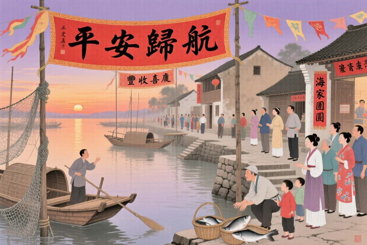 A fisherman's village celebrating the safe return of the fleet at dusk, beneath banners fluttering in the wind