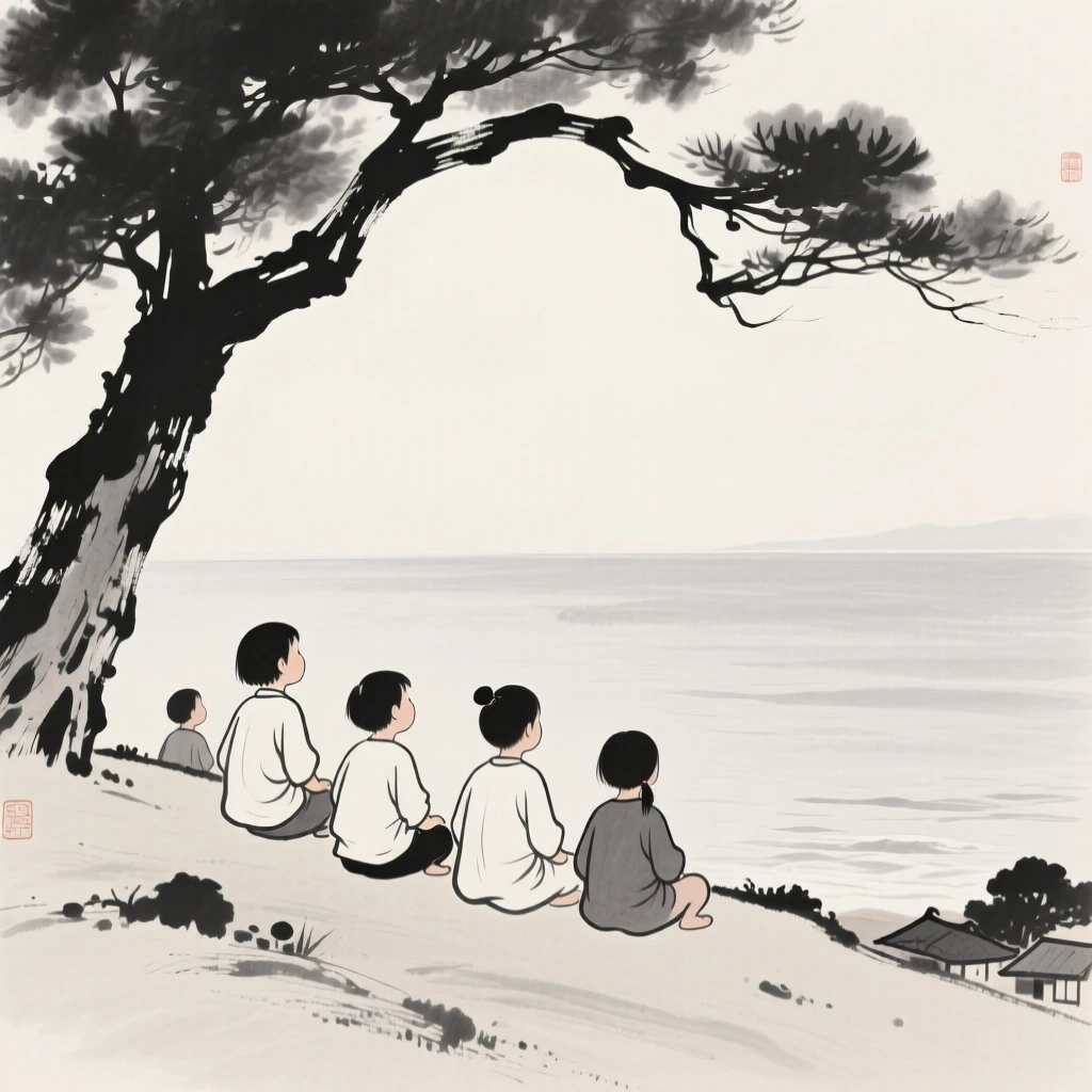 A group of village children sitting in silent contemplation beneath a tree on a hillside overlooking the sea, seen from behind, gazing out toward the horizon, carrying a tender sense of familial warmth.