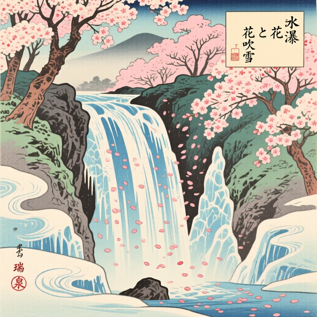 A frozen waterfall glittering with ice beneath a canopy of drifting petals.