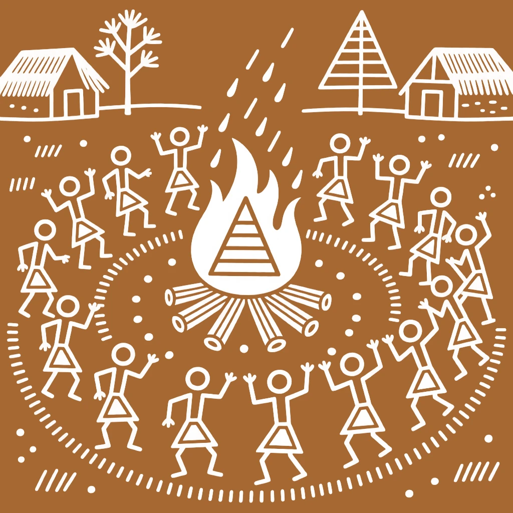 A monsoon welcoming ritual celebrated with dancers forming rows around a bonfire.