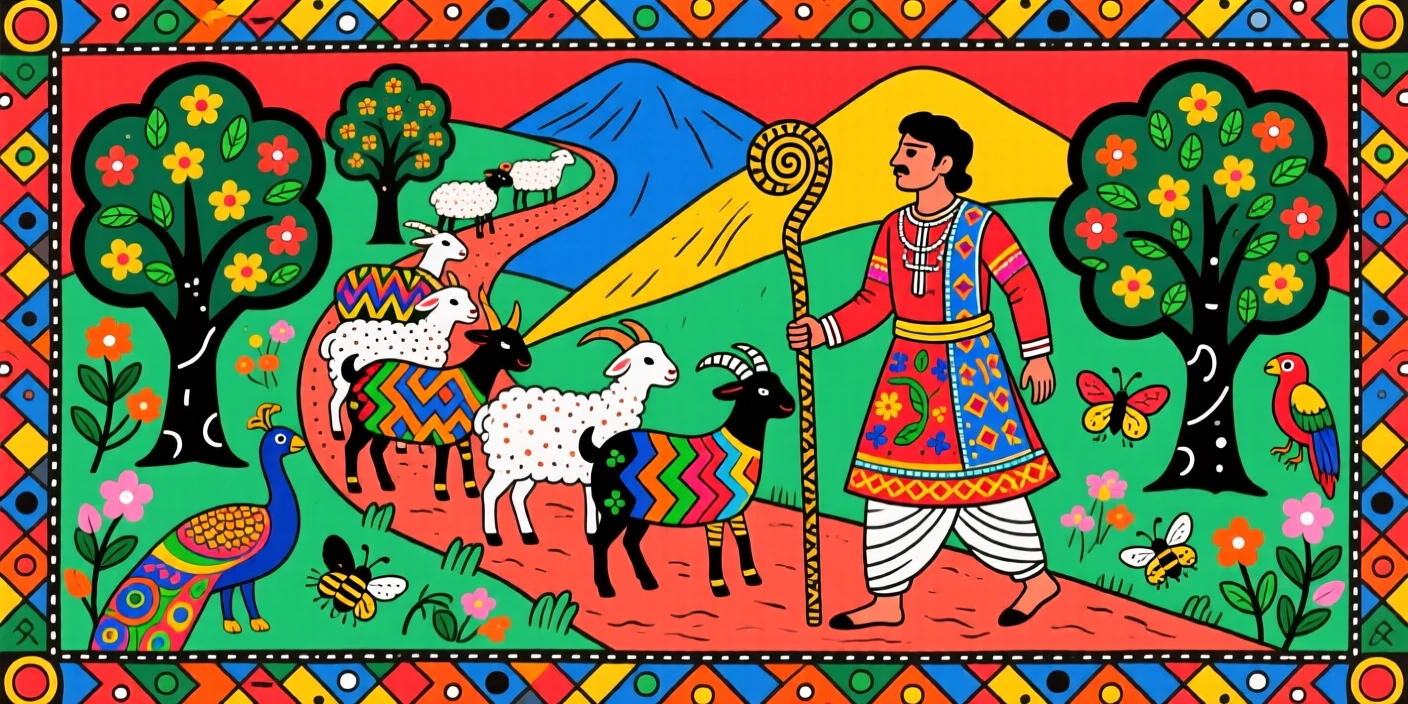 A shepherd guiding his flock along a winding mountain path.