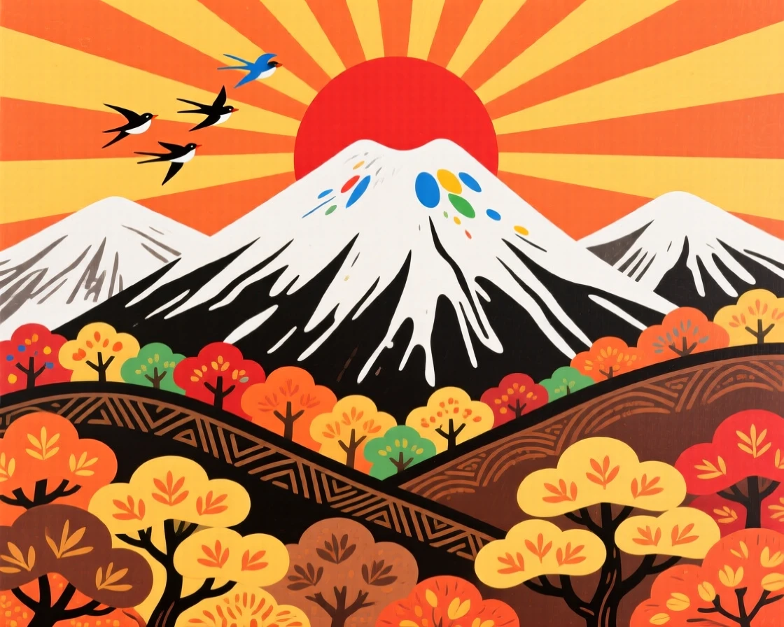 A snow-capped mountain range at dawn, in the deep colors of autumn.
