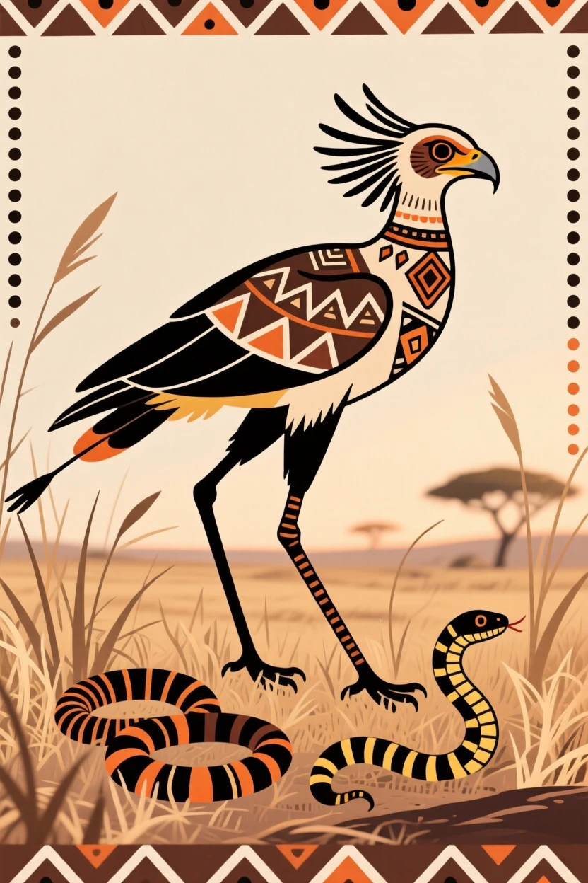 A secretary bird striding through dry grass hunting snakes.