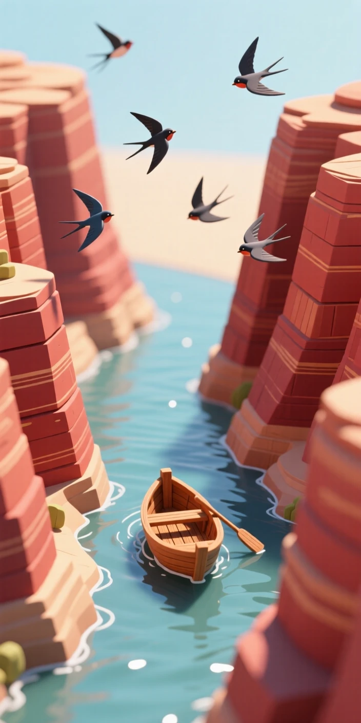 A canyon river winding through towering red rock walls, a raft drifting lazily downstream, and swallows darting between the cliffs.