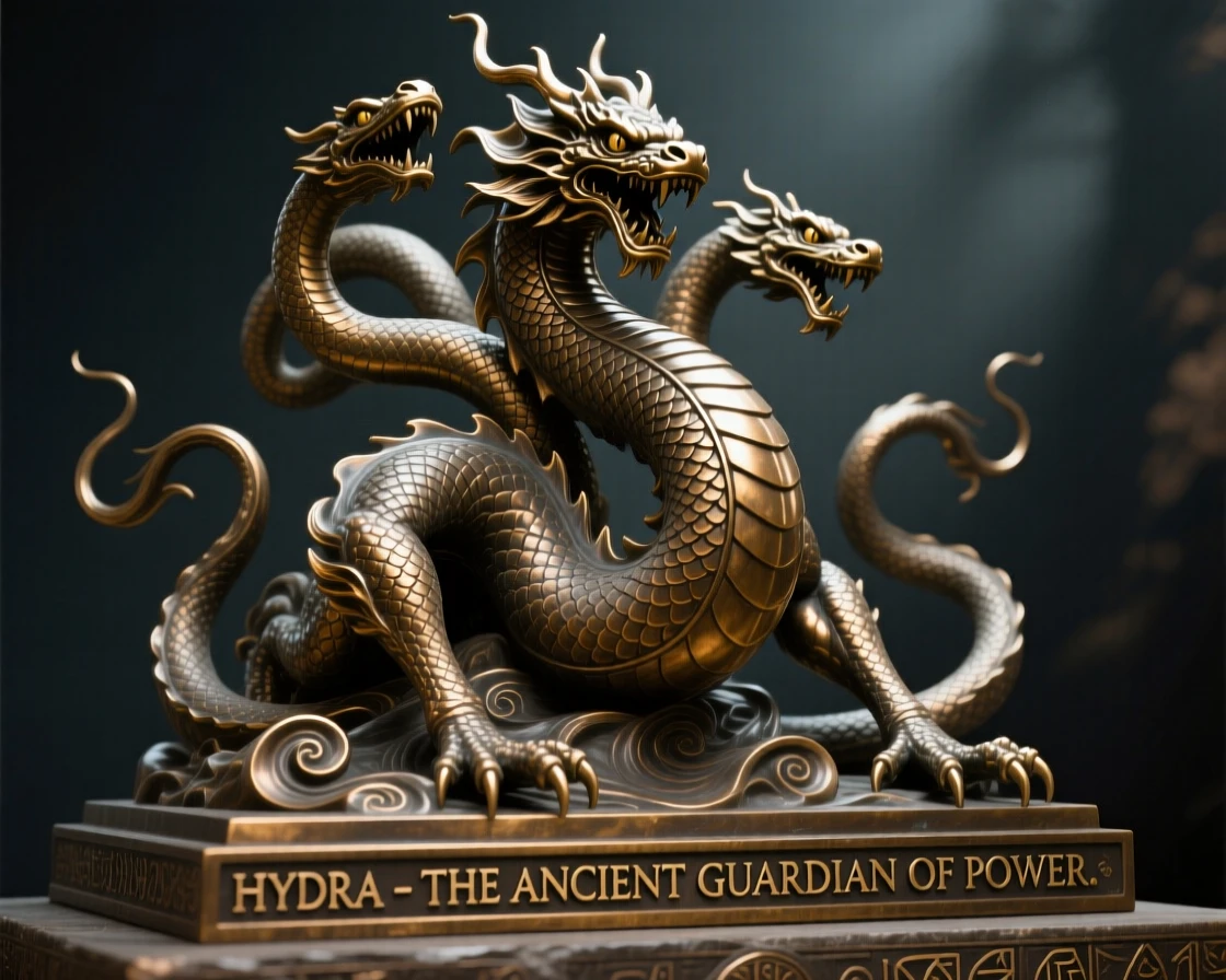 A hydra rising with multiple serpentine heads, with an aura of ancient power, radiating awe and grandeur