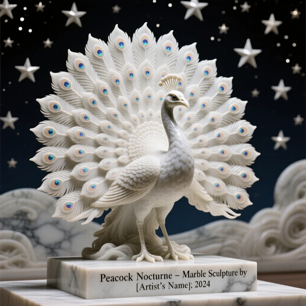 A striking close-up of a peacock displaying its feathers, full of life and grace, beneath a sky full of stars