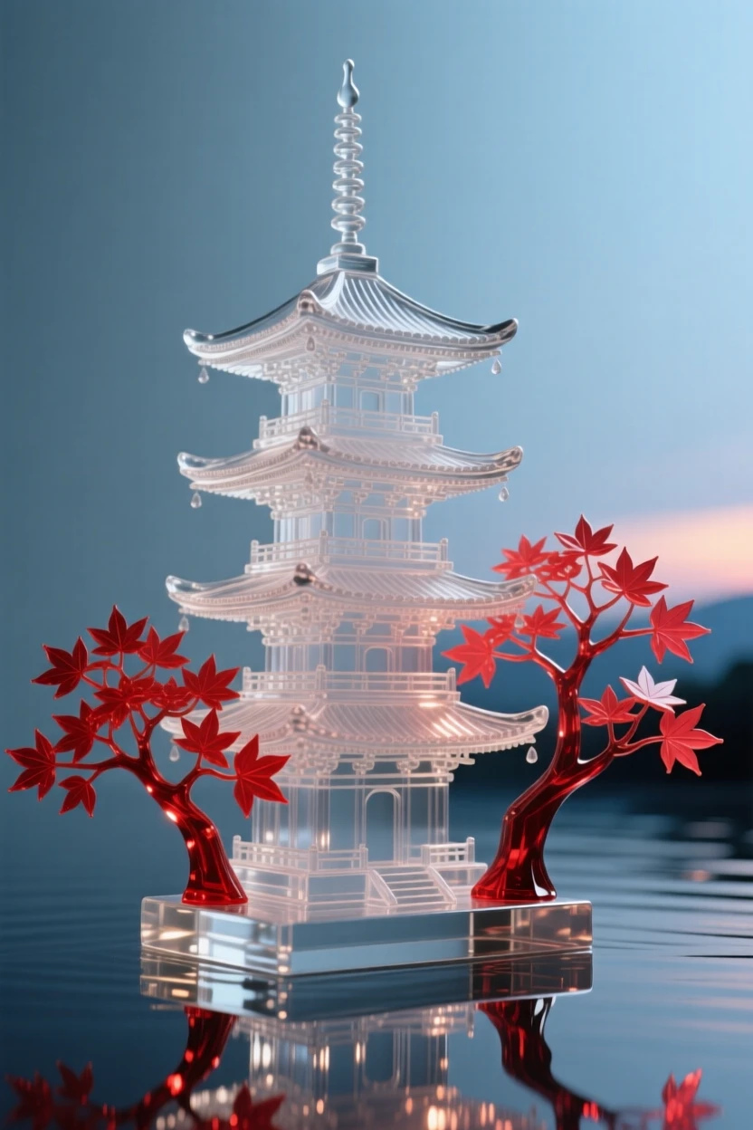 A Kyoto pagoda surrounded by red maple trees at blue hour with soft ambient lighting beginning to glow, reflections shimmering nearby, evoking timeless elegance.