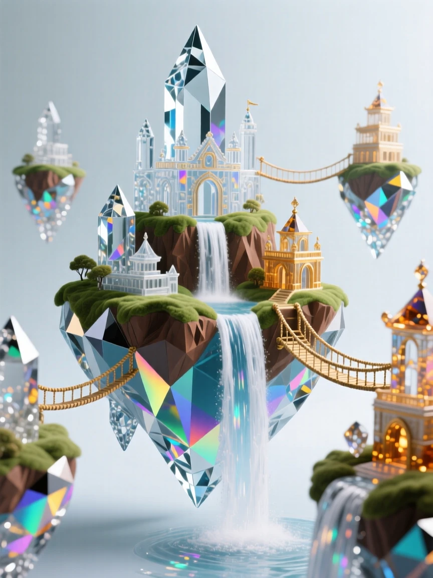 A floating island kingdom connected by rope bridges, waterfalls pouring into the void below.