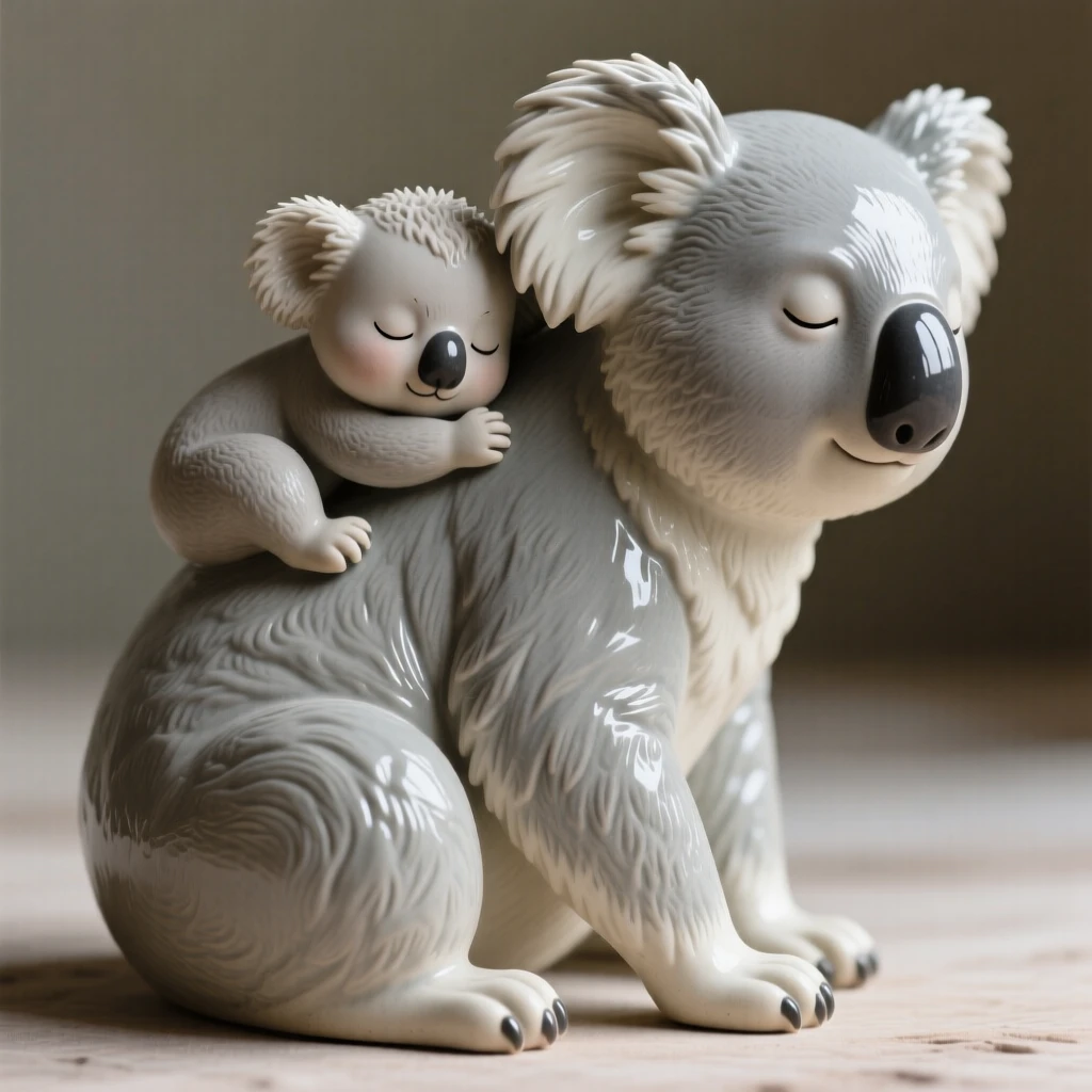 A sleepy baby koala clinging to its mother's back frozen in a moment of pure innocent charm, with a small, endearing tuft of fluff, conveying gentle warmth perfect for any family space.