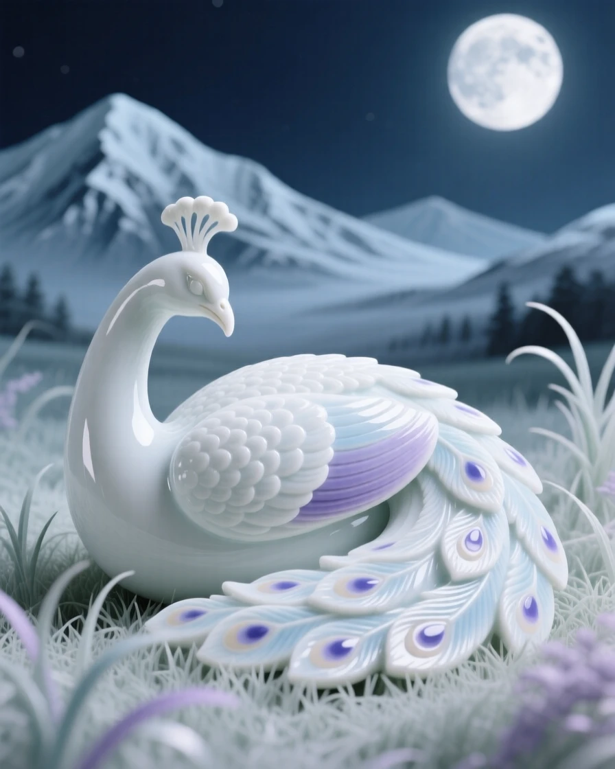 A serene peacock curled peacefully in soft grass in a moonlit meadow, framed by distant snow-capped peaks.